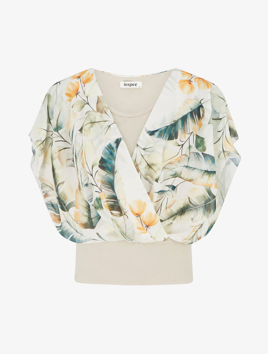 Top imprimé feuilles à manches volantées - Beige - 1