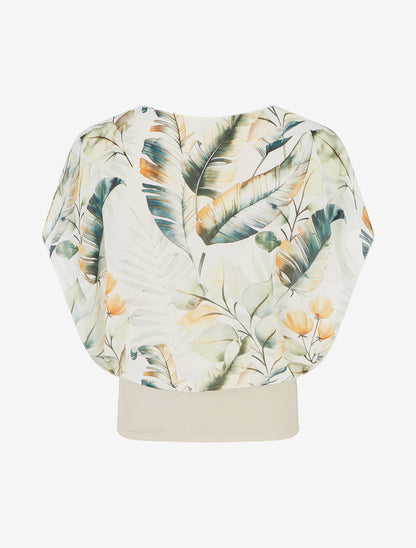 Top imprimé feuilles à manches volantées - Beige - 2