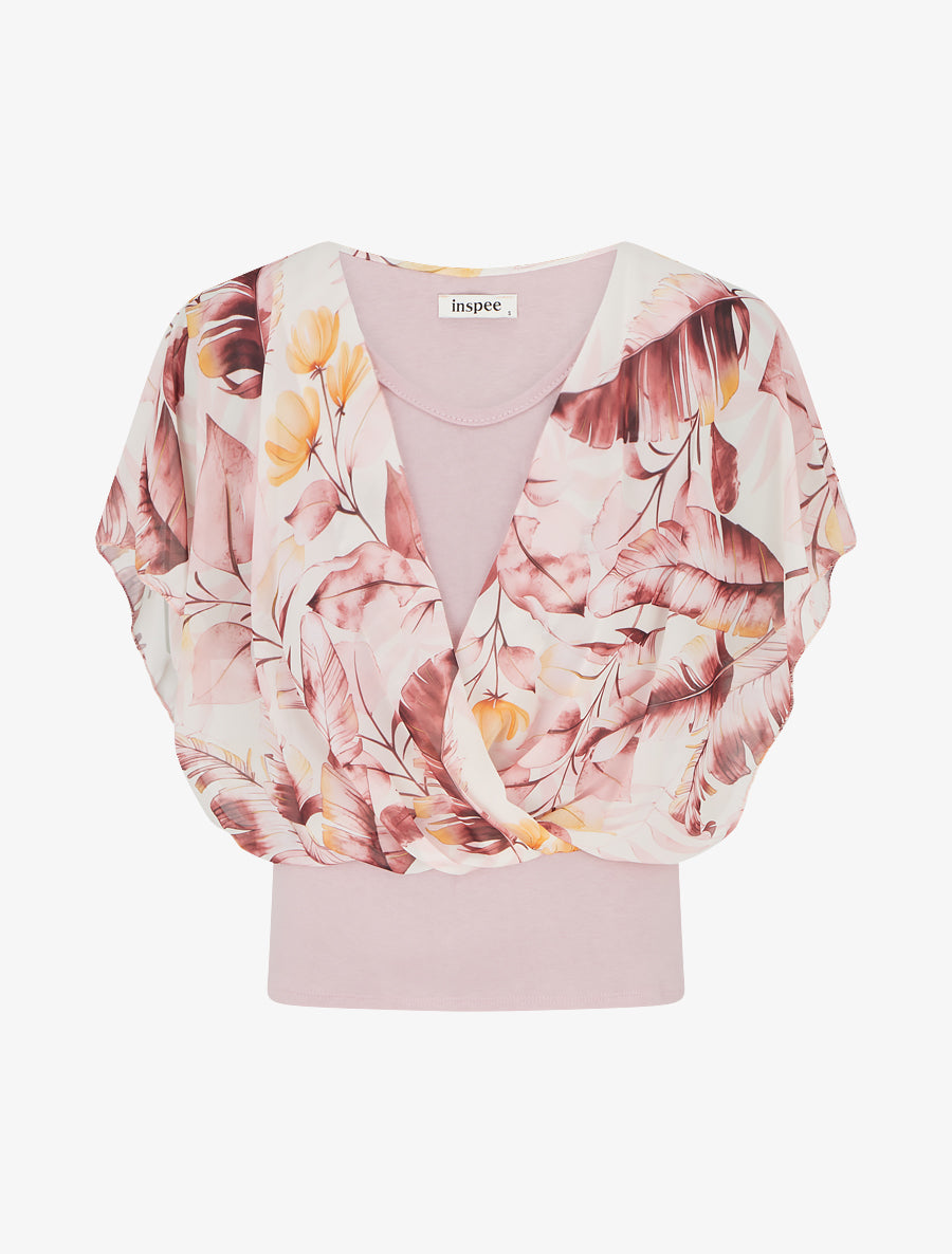 Top imprimé feuilles à manches volantées - Rose - 1