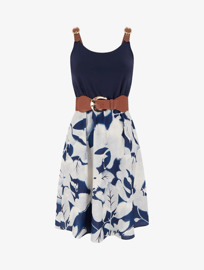 Robe mi-longue à bretelles en simili - Marine - 1