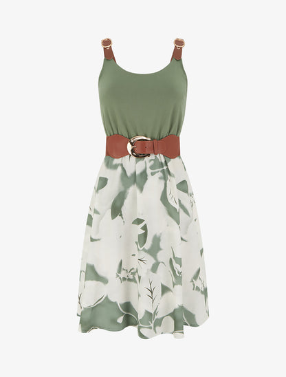 Robe mi-longue à bretelles en simili - Kaki - 1