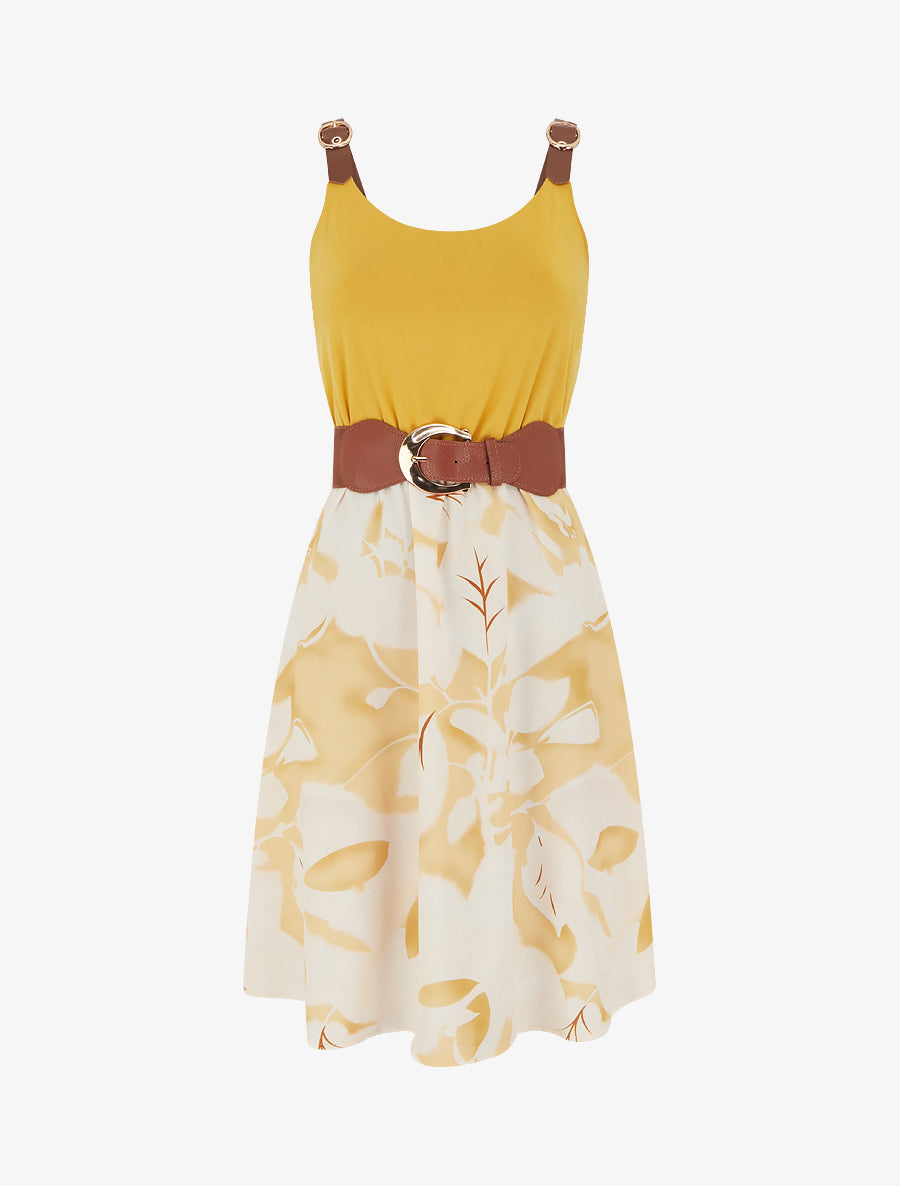 Robe mi-longue à bretelles en simili - Jaune - 1