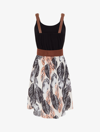 Robe mi-longue imprimée à bretelles en simili - Noir - 2