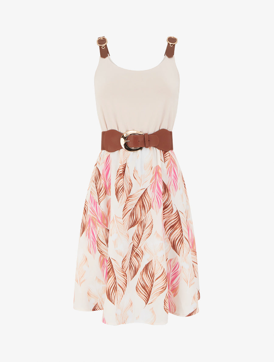 Robe mi-longue imprimée à bretelles en simili - Beige - 1