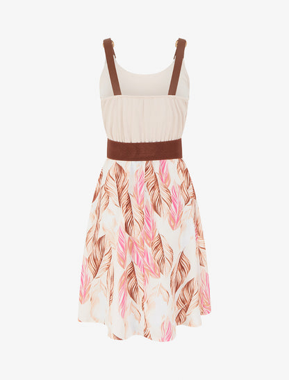 Robe mi-longue imprimée à bretelles en simili - Beige - 2