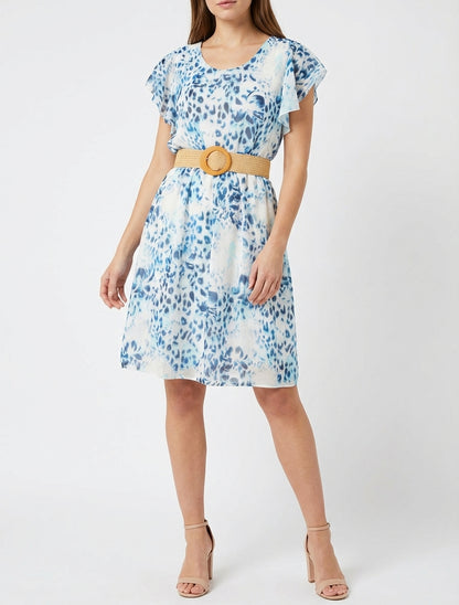 Kleid mit Flügelärmeln im Leoparden- und Blumenmuster. - Marine