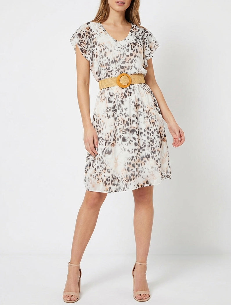 Kleid mit Flügelärmeln im Leoparden- und Blumenmuster. - Schwarz