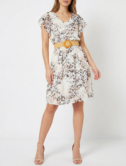 Kleid mit Flügelärmeln im Leoparden- und Blumenmuster. - Schwarz
