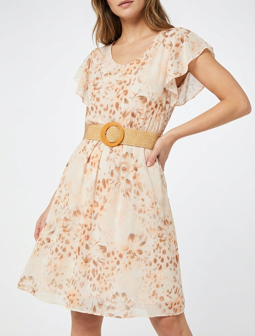 Kleid mit Flügelärmeln im Leoparden- und Blumenmuster. - Kamel