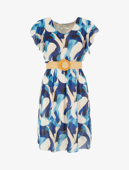 Robe à mancherons volantés imprimé fantaisie - Marine - 1