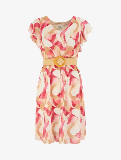 Robe à mancherons volantés imprimé fantaisie - Rose - 1