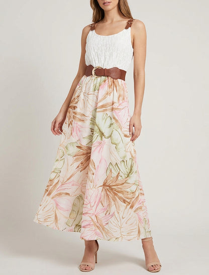 Langes Kleid mit tropischem Print und Kunstträgern - Beige
