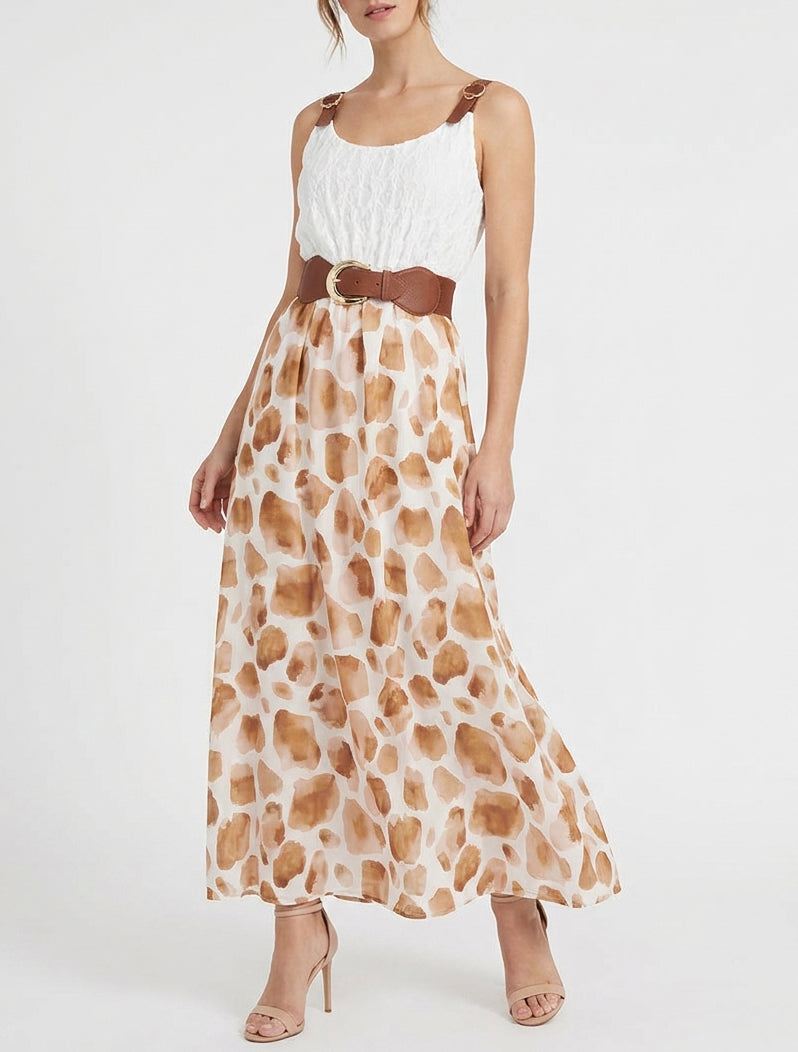 Langes Kleid mit Giraffenmuster und Trägern in Lederoptik. - Braun