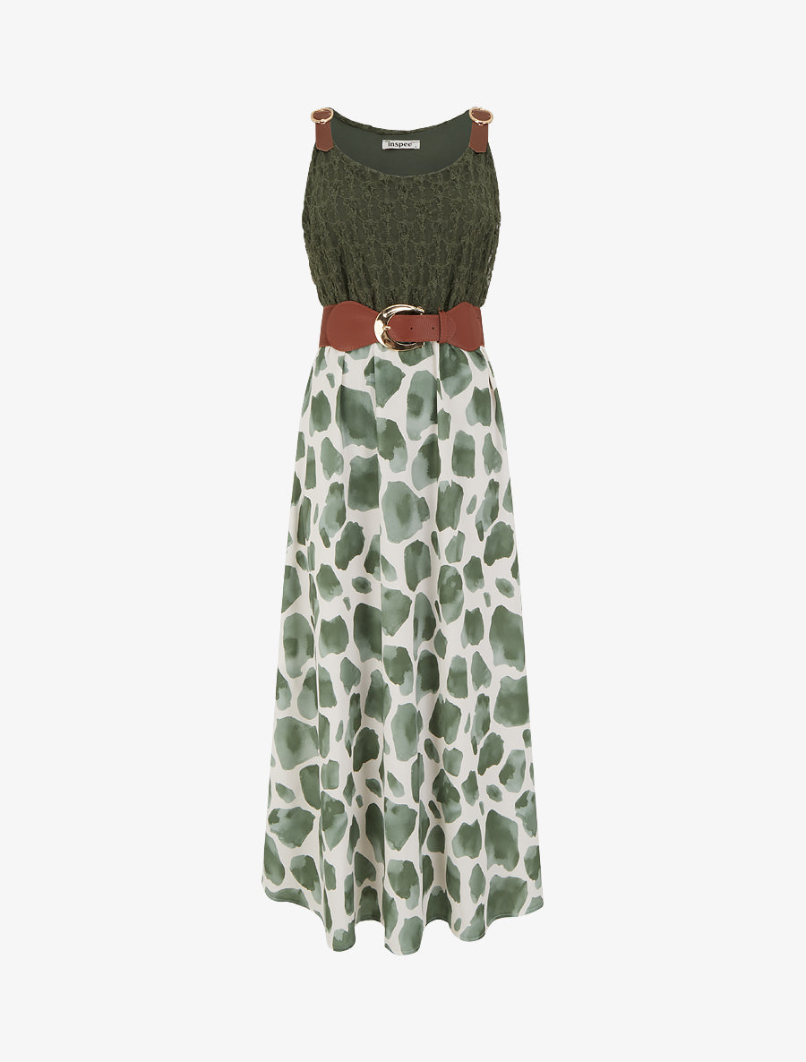 Robe longue à imprimé girafe et bretelles simili - Kaki - 1