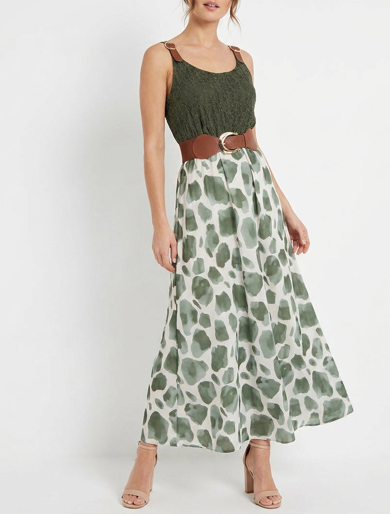 Langes Kleid mit Giraffenmuster und Trägern in Lederoptik. - Kaki