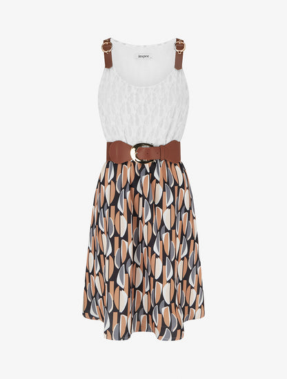 Robe mi-longue imprimé graphique et bretelles simili - Noir - 1