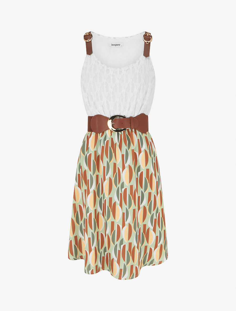 Robe mi-longue imprimé graphique et bretelles simili - Kaki - 1