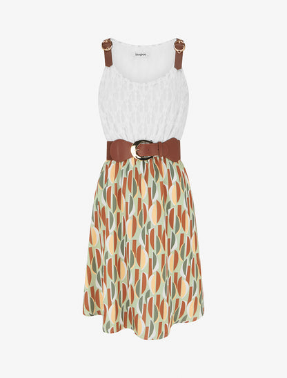 Robe mi-longue imprimé graphique et bretelles simili - Kaki - 1
