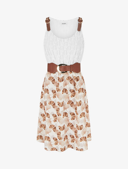 Robe mi-longue imprimé ginkgo et bretelles simili - Marron - 1