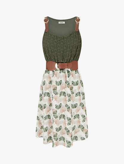 Robe mi-longue imprimé ginkgo et bretelles simili - Kaki - 1