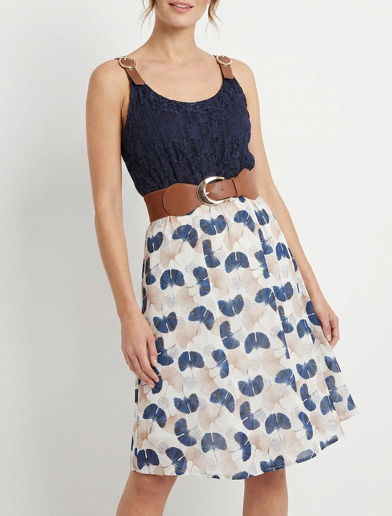 Midikleid mit Ginkgo-Print und Kunstlederträgern - Marine