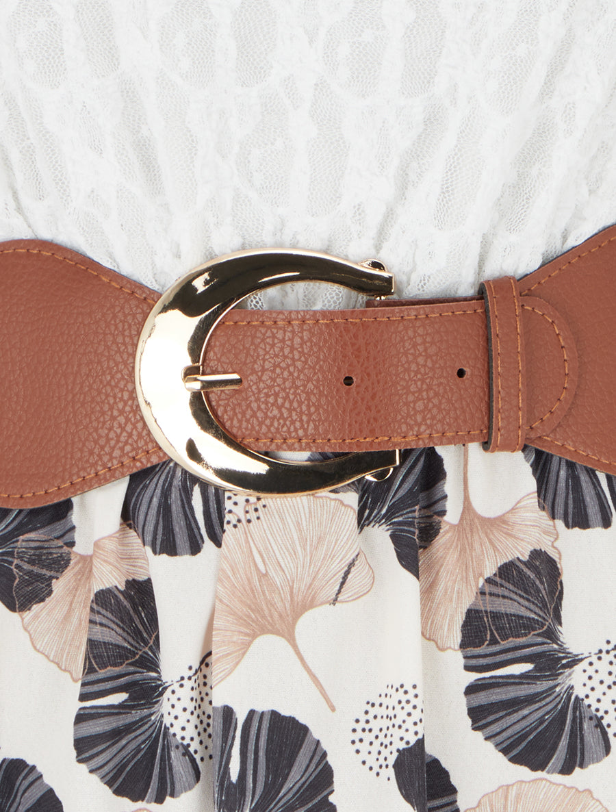 Robe mi-longue imprimé ginkgo et bretelles simili - Noir - 3