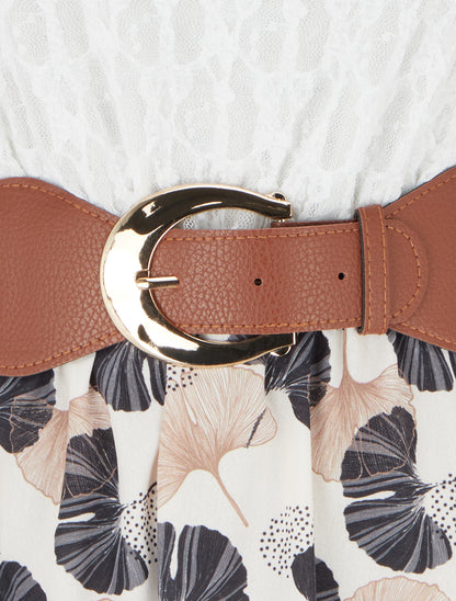 Robe mi-longue imprimé ginkgo et bretelles simili - Noir - 3