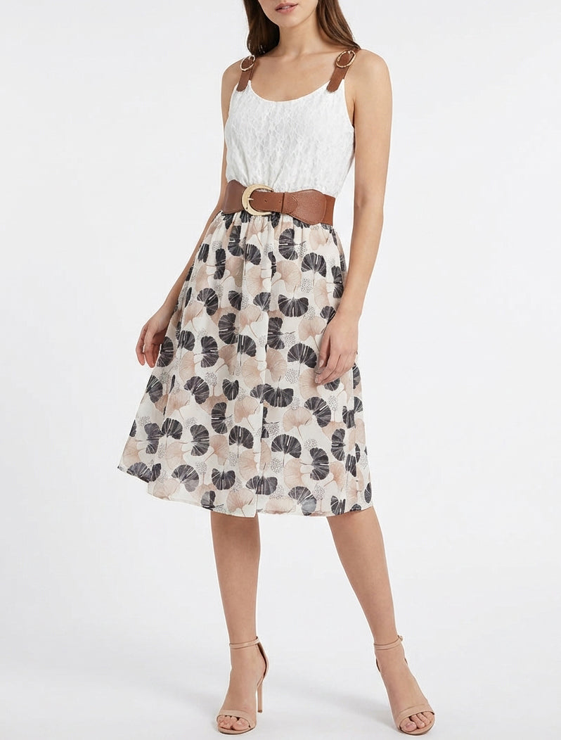 Midikleid mit Ginkgo-Print und Kunstlederträgern - Schwarz