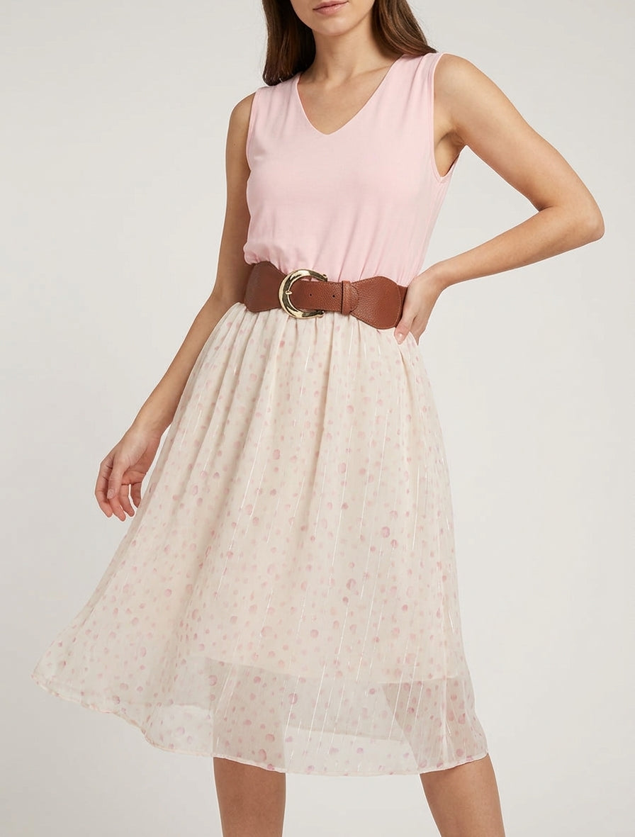 Kleid mit ausgestelltem Schnitt und fantasievollem Punktmuster - Rose