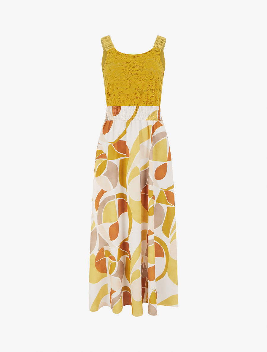 Robe imprimé abstrait à bretelles en crochet - Jaune moutarde - 1