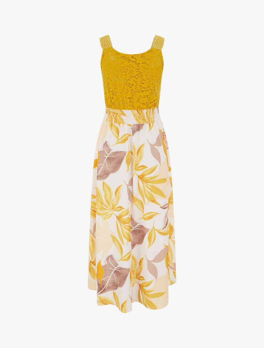 Robe imprimé fantaisie à bretelles en crochet - Jaune moutarde - 2