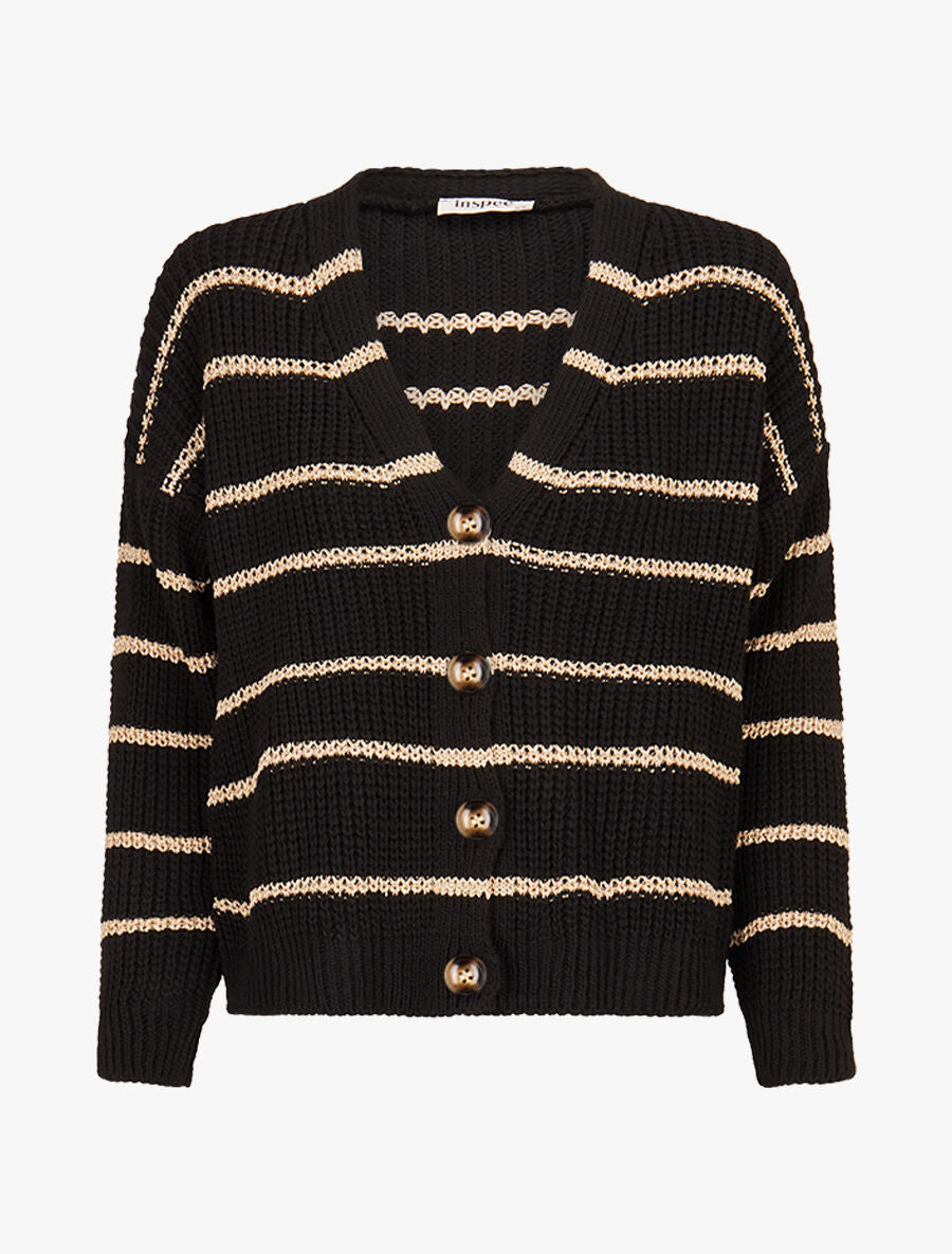 Cardigan col V à rayures lamées - Noir - 1