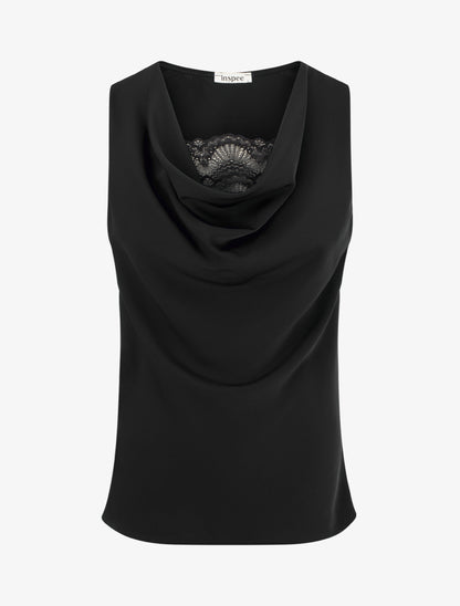 Top sans manches à col bénitier et dentelle - Noir - 1
