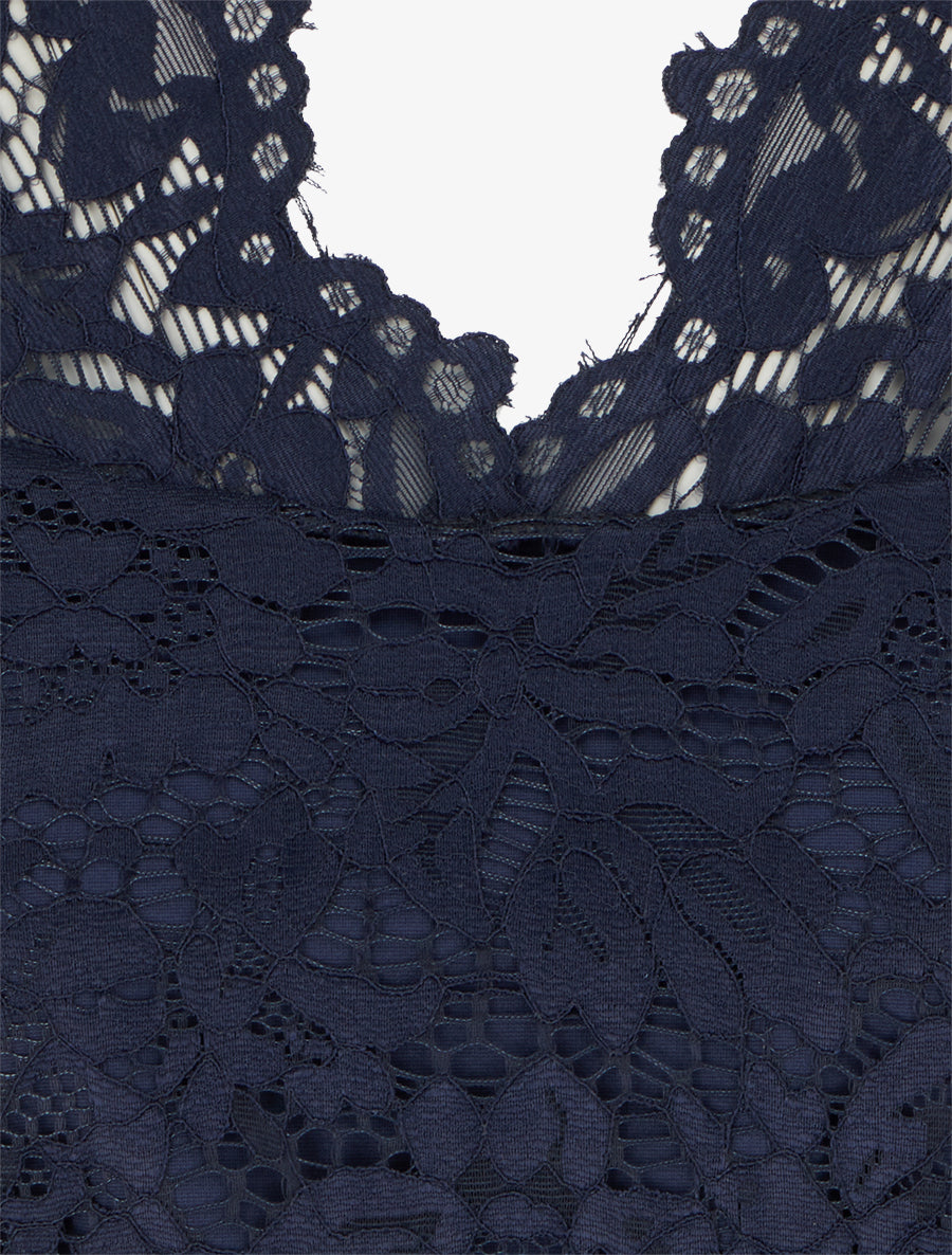 Robe ajustée à manches courtes et dentelle - Marine - 3