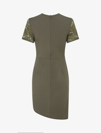 Robe ajustée à manches courtes et dentelle - Kaki - 2