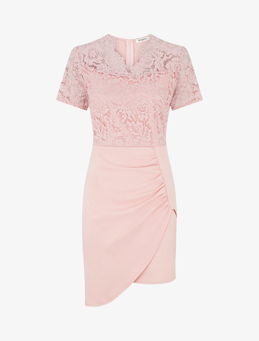 Robe ajustée à manches courtes et dentelle - Rose - 1
