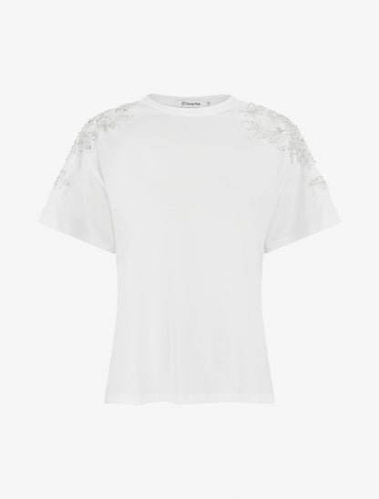 T-shirt manches courtes à épaules strassées - Blanc - 1