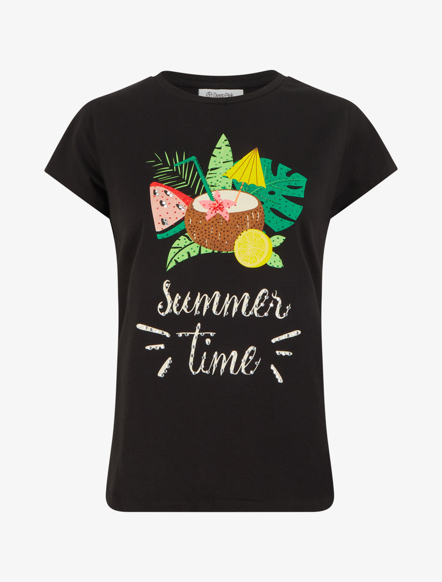 T-shirt Summer Time à strass - Noir - 1