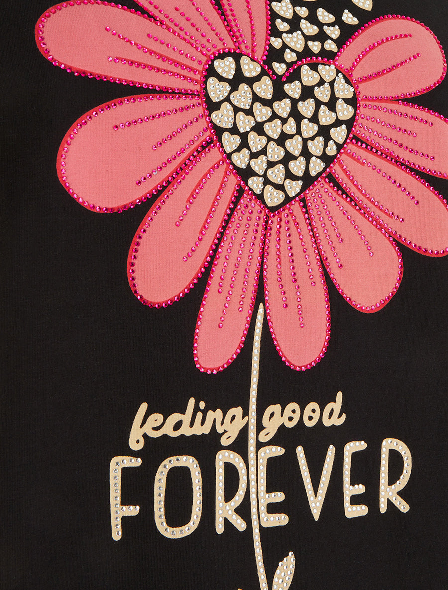 T-shirt à strass et flocage fleur - Noir - 3