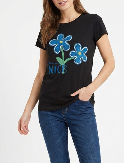 Strass- und Blumen-T-Shirt - Schwarz