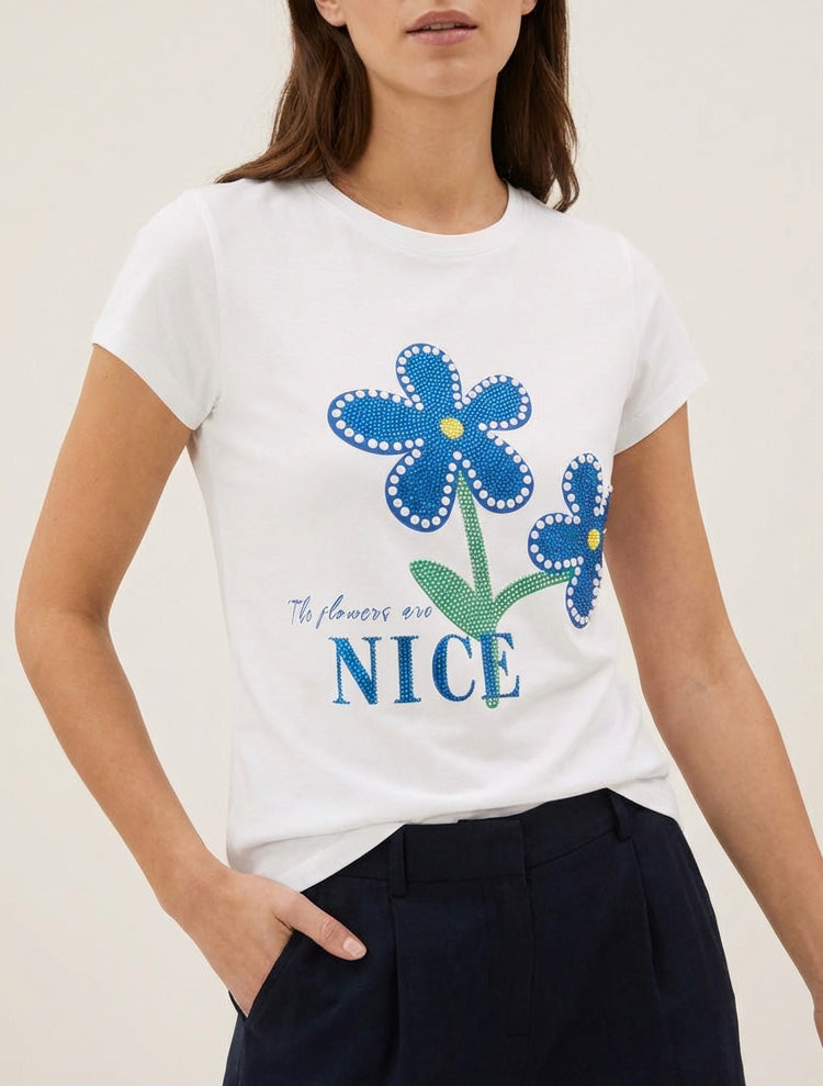 Strass- und Blumen-T-Shirt - Weiß