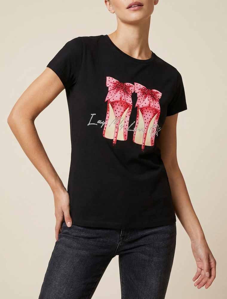 Rhinestone-T-Shirt mit Stilettomuster - Schwarz