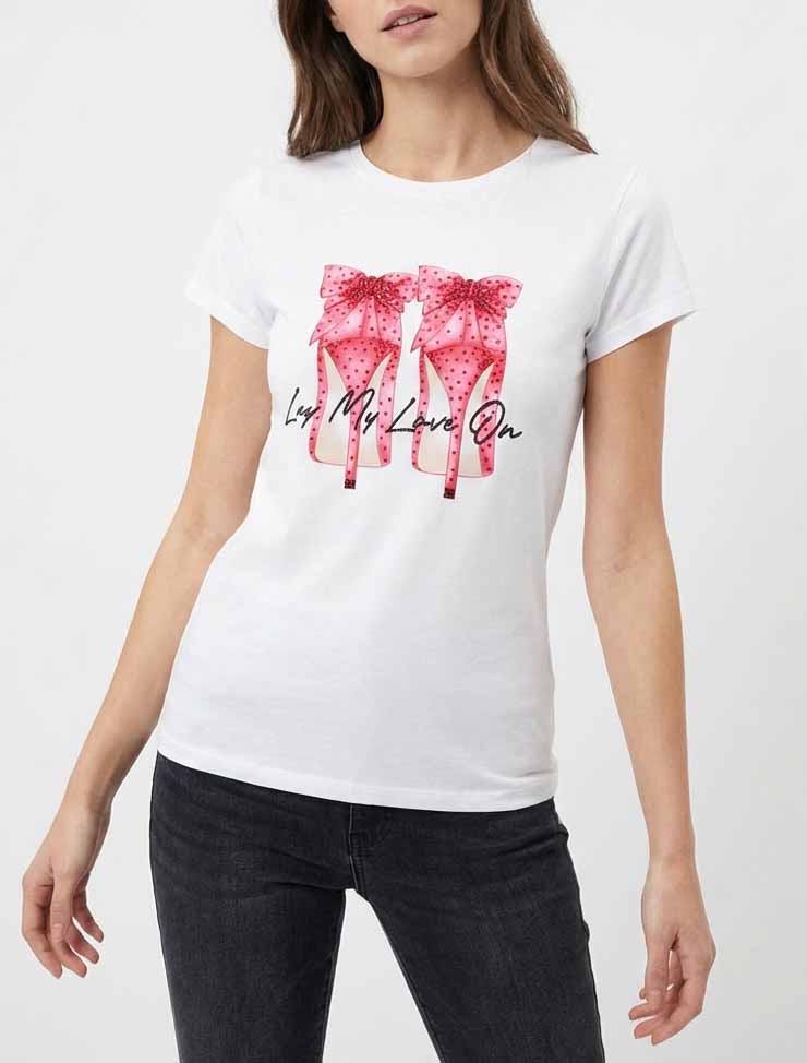 Rhinestone-T-Shirt mit Stilettomuster - Weiß