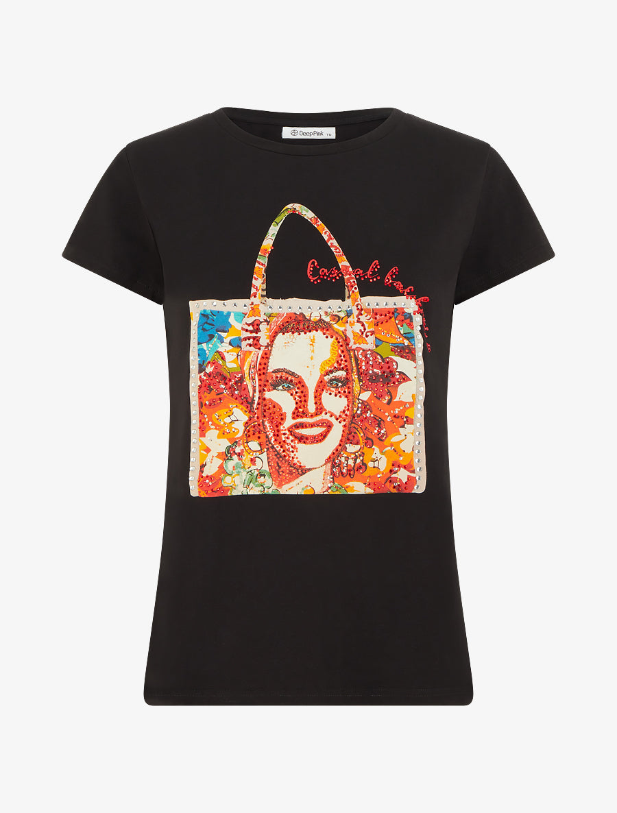 T-shirt à strass et motif sac - Noir - 1