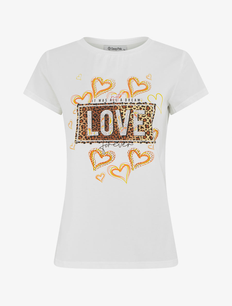 T-shirt à message et motif fleurs strassés - Blanc - 1