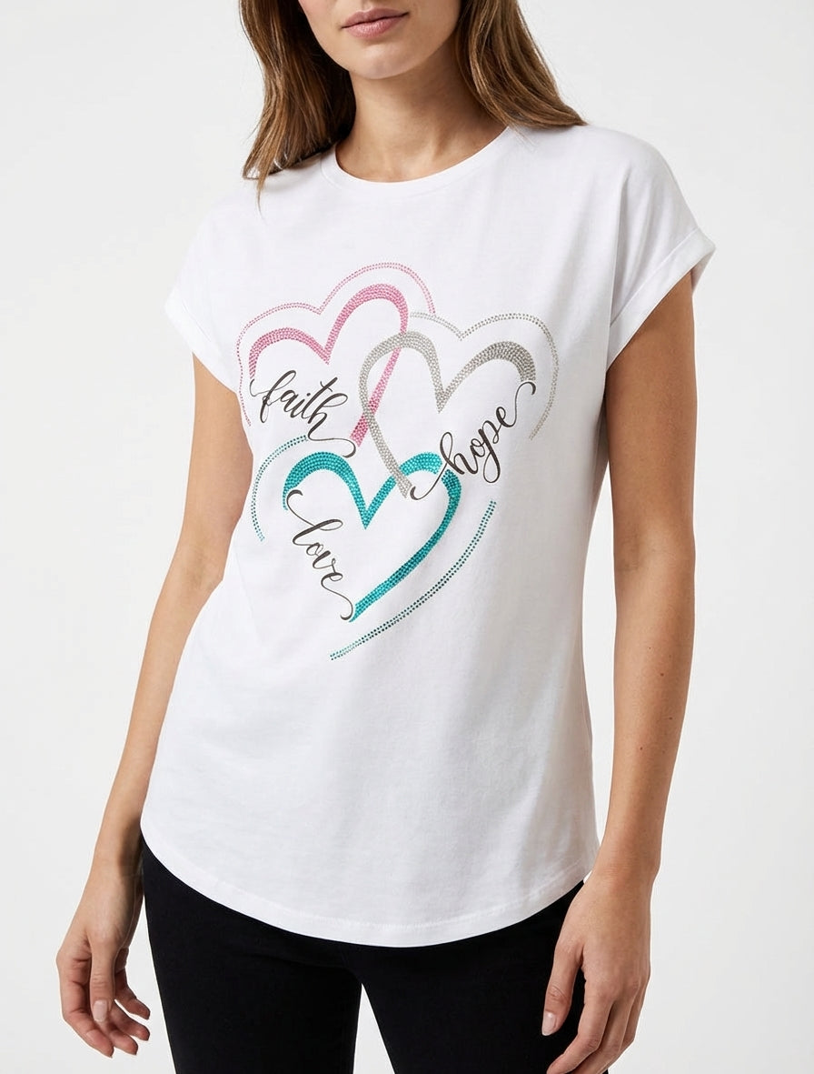 Beflocktes T-Shirt und 3 Strassherzen - Weiß
