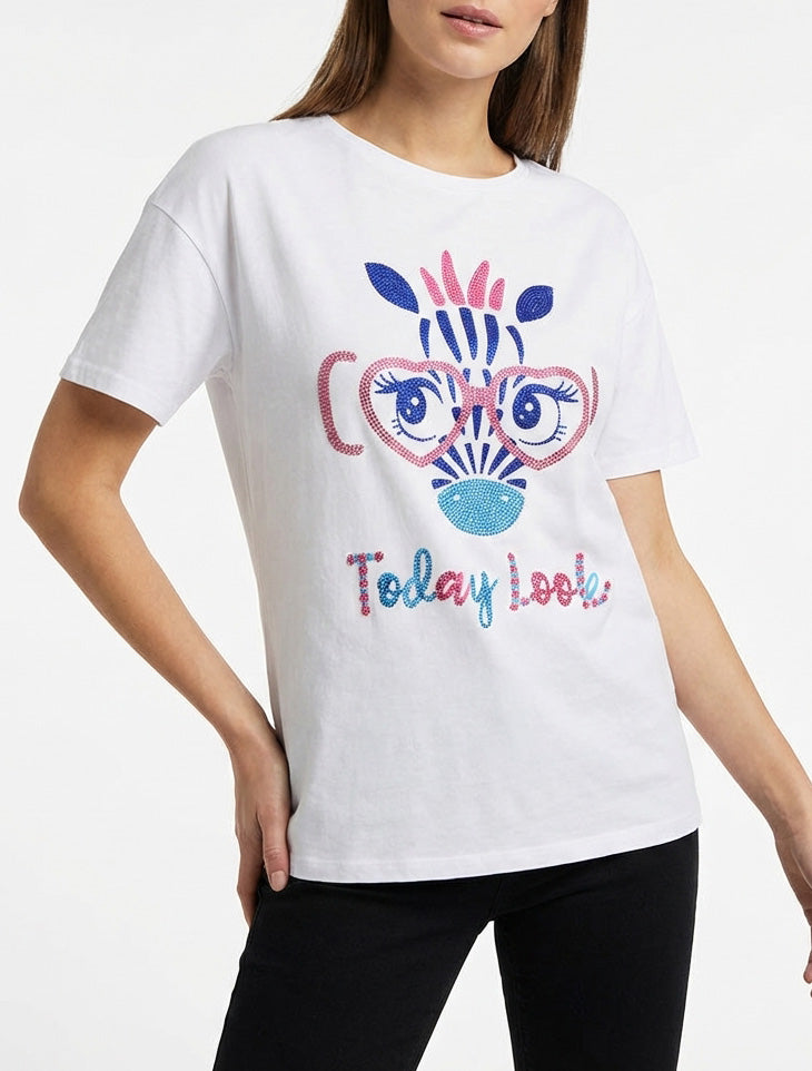 Strassbedrucktes Giraffen-T-Shirt - Weiß