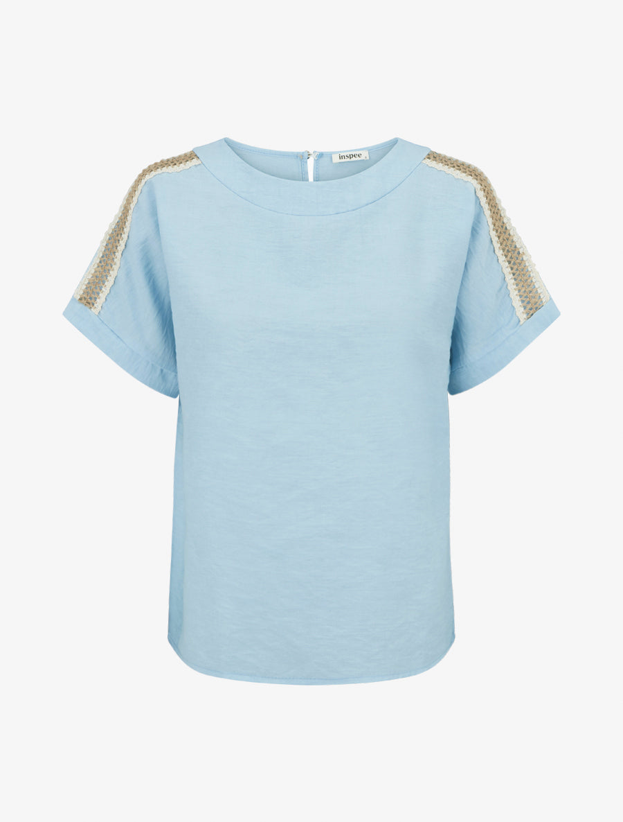 Top manches courtes à broderies ajourés - Bleu ciel - 1