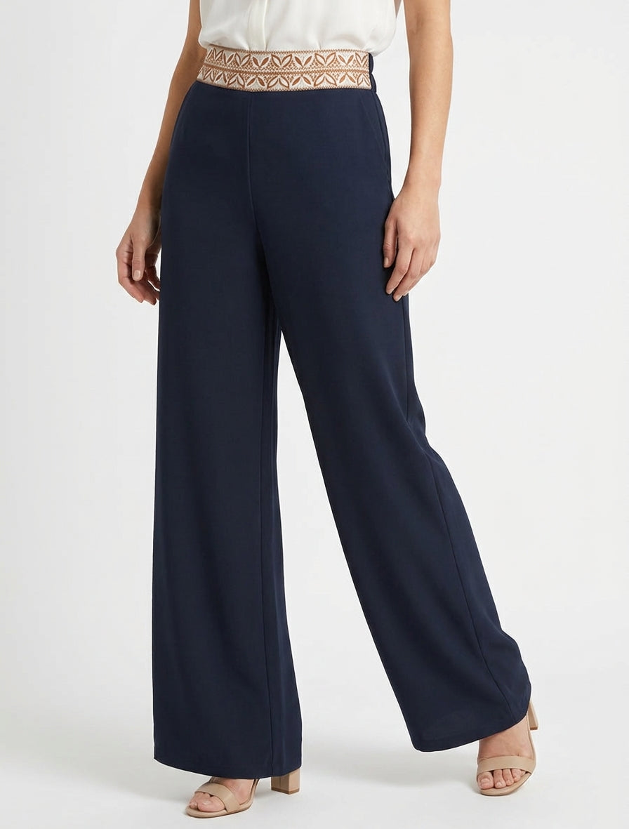 Fließende einfarbige Hose mit hoher Taille - Marine