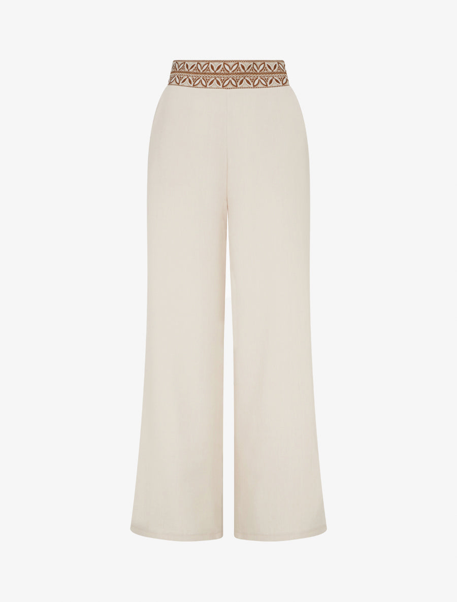 Pantalon fluide unie à taille haute - Beige - 1
